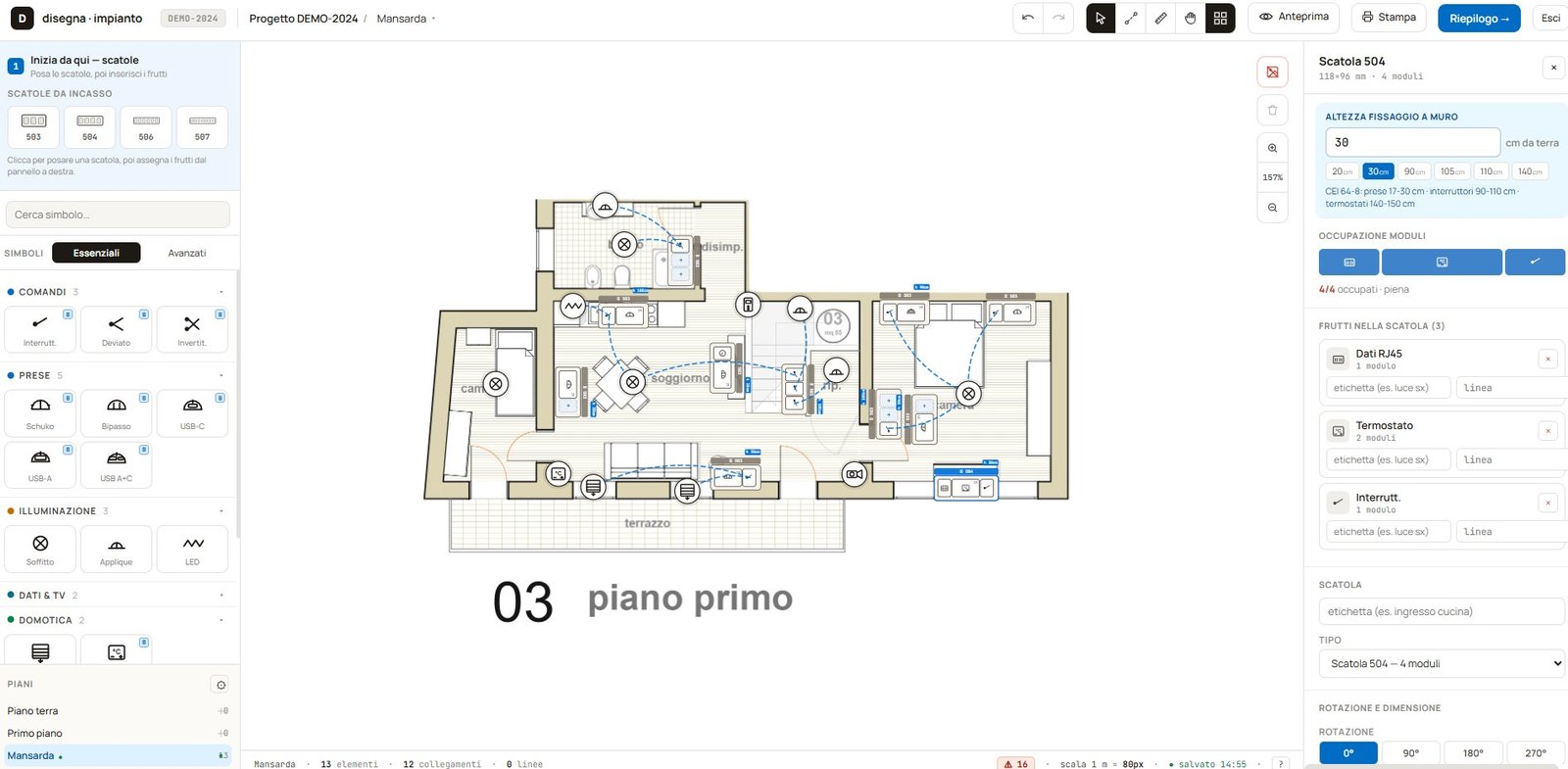 Editor dell'app: pianta del piano con scatole, simboli e collegamenti elettrici