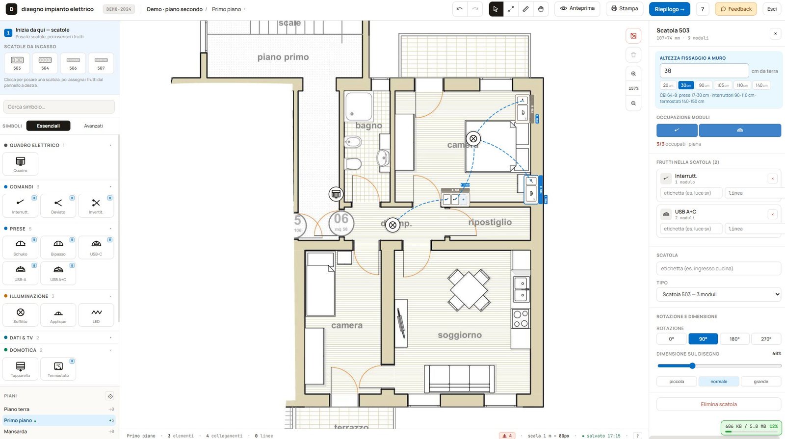 Editor con scatola selezionata e inspector laterale per configurarla
