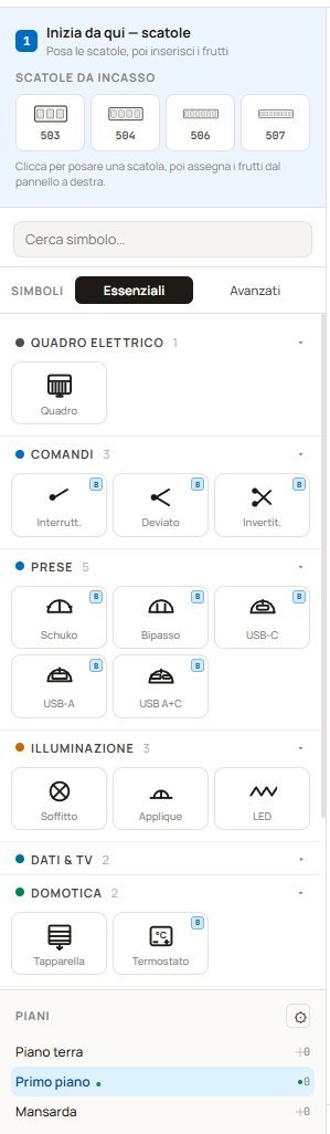 Palette laterale con tutte le categorie di simboli disponibili: comandi, prese, illuminazione, dati, domotica, sicurezza