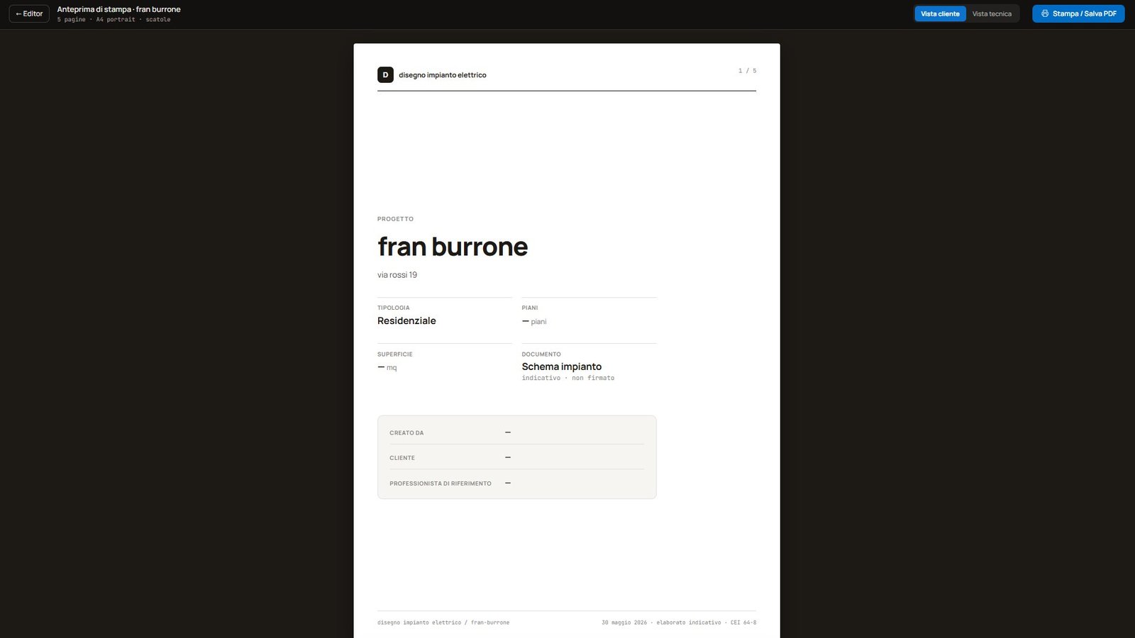 Copertina del PDF generato con anagrafica progetto, cliente e professionista